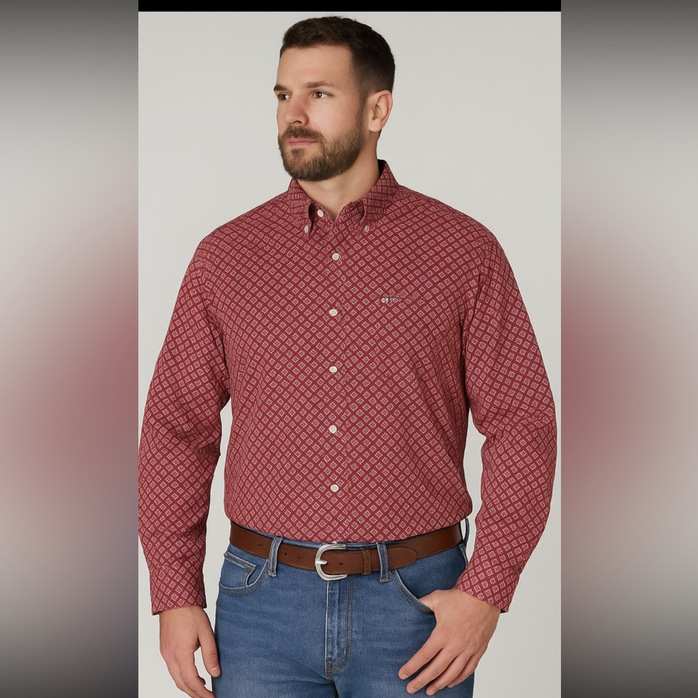 Wrangler Men’s XL Western Button-Down Shirt – Red Geometric Leaf Print, Long Sl